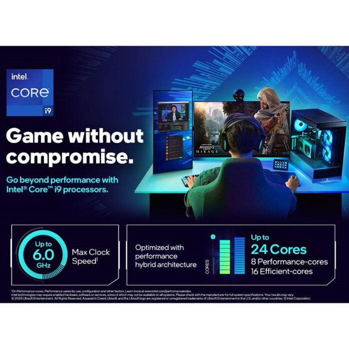 “Intel Core i9-14900K 14th Gen desktop processor with 24 cores and 32 threads, featuring LGA1700 socket.”