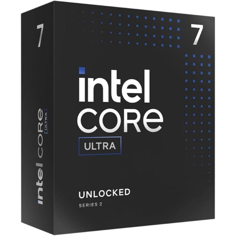 "Intel Core Ultra 7 265K CPU retail box showing processor branding, highlighting advanced performance and specifications for high-end computing."