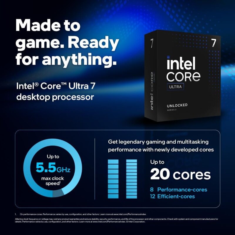 "Intel Core Ultra 7 265K CPU retail box showing processor branding, highlighting advanced performance and specifications for high-end computing."