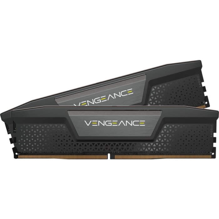 "Corsair Vengeance 64GB (2x32GB) DDR5 RAM kit featuring 5600MHz speed and low CAS 40 latency, with sleek black aluminum heat spreaders for efficient cooling and performance, ideal for gaming, content creation, and multitasking."