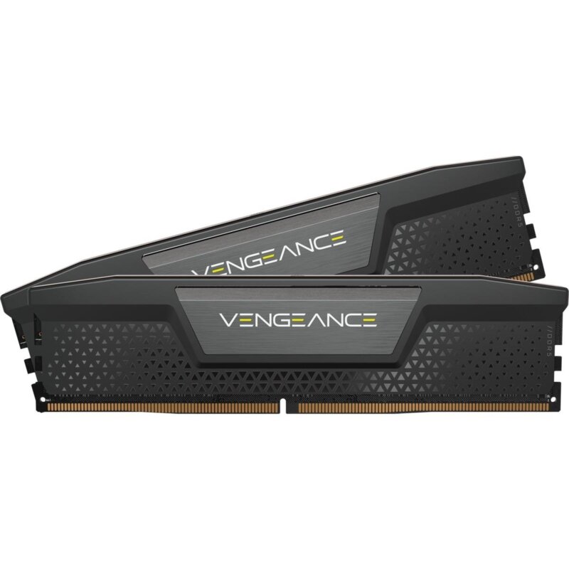 "Corsair Vengeance 64GB (2x32GB) DDR5 RAM kit featuring 5600MHz speed and low CAS 40 latency, with sleek black aluminum heat spreaders for efficient cooling and performance, ideal for gaming, content creation, and multitasking."