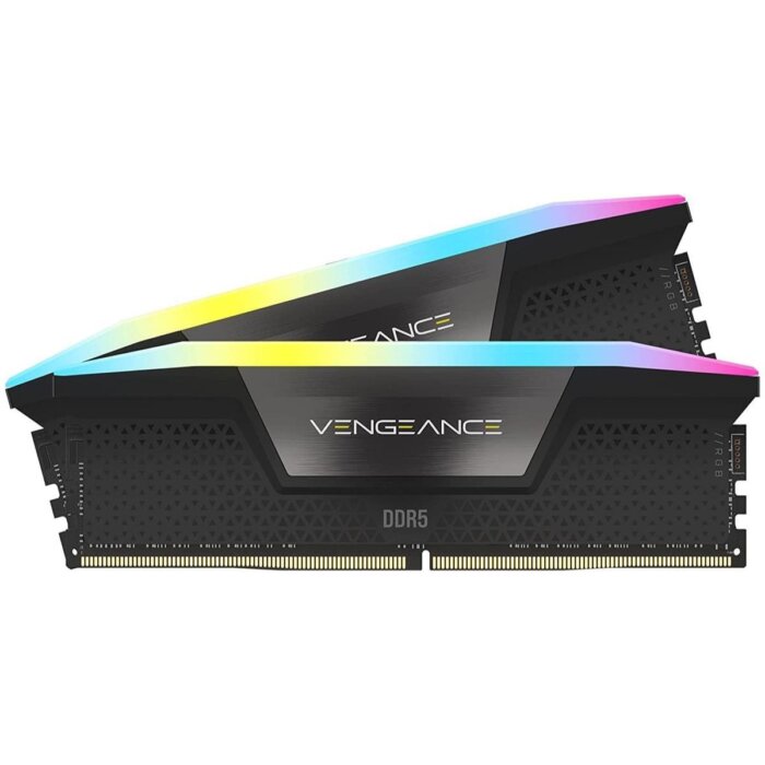 "Corsair Vengeance RGB DDR5 64GB 6400MHz memory kit in black with customizable RGB lighting"