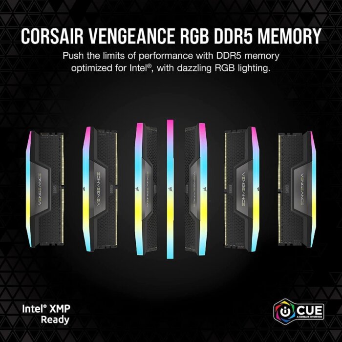 "Corsair Vengeance RGB DDR5 64GB 6400MHz memory kit in black with customizable RGB lighting"