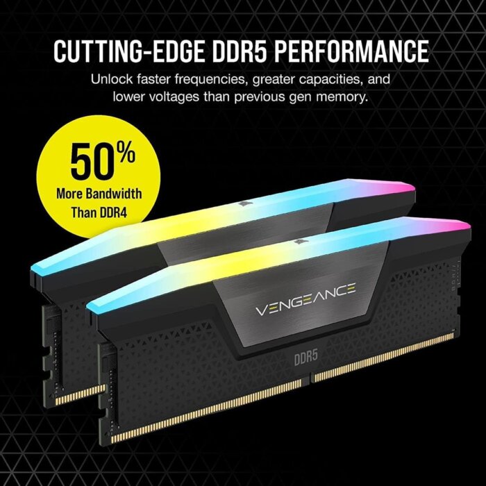 "Corsair Vengeance RGB DDR5 64GB 6400MHz memory kit in black with customizable RGB lighting"