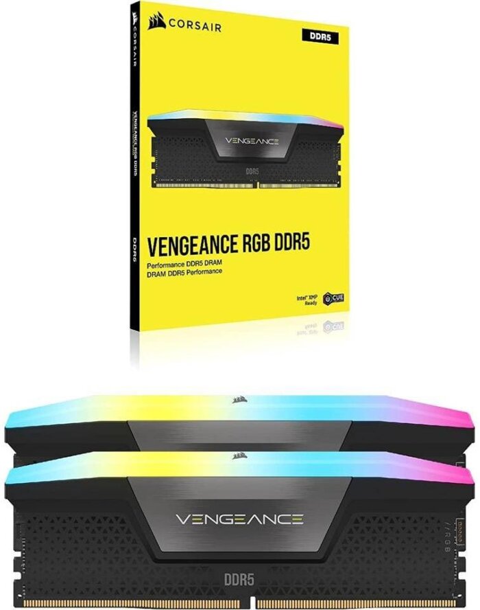 CORSAIR Vengeance RGB DDR5 96GB (2x48GB) memory kit with black heat spreaders and customizable RGB lighting