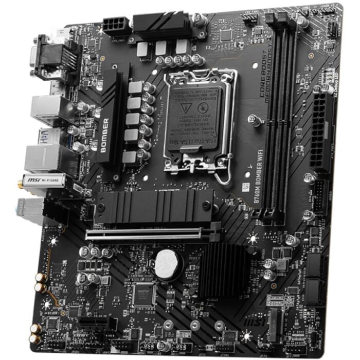 "MSI B760M BOMBER motherboard with LGA 1700 socket and DDR5 RAM slots"