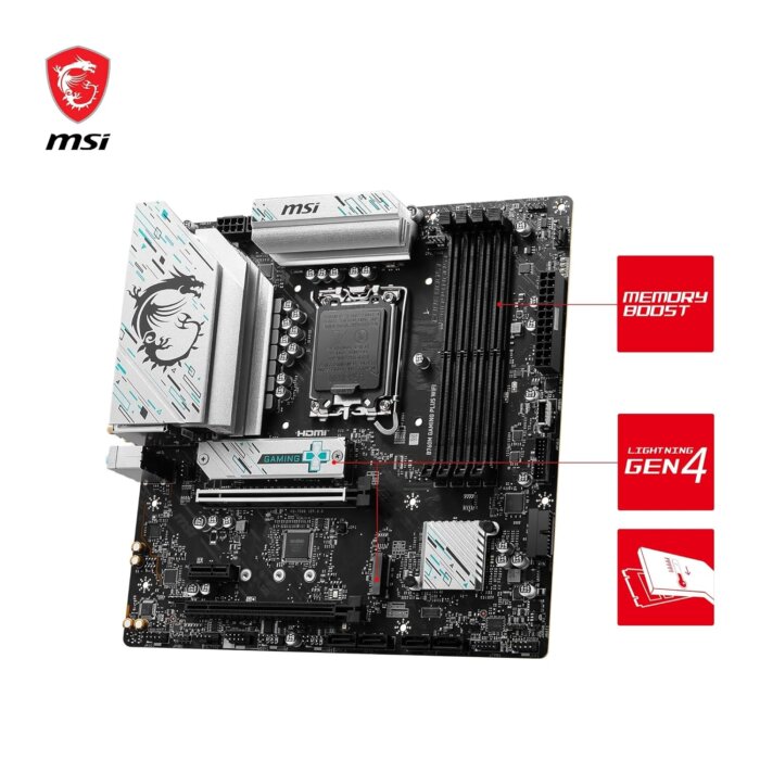 "MSI B760M Gaming Plus WiFi DDR5 MicroATX Motherboard with Intel 12th, 13th, and 14th Gen support, PCIe 4.0, Wi-Fi 6, 2.5G LAN, and DDR5 memory compatibility."