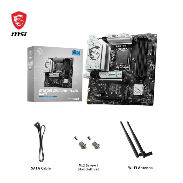 "MSI B760M Gaming Plus WiFi DDR5 MicroATX Motherboard with Intel 12th, 13th, and 14th Gen support, PCIe 4.0, Wi-Fi 6, 2.5G LAN, and DDR5 memory compatibility."