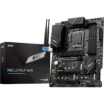 "MSI PRO Z790-P WiFi DDR5 ATX motherboard showcasing Intel LGA 1700 socket, DDR5 RAM slots, PCIe 5.0 slot, WiFi 6E antennas, and multiple M.2 and SATA storage options for high-performance PC builds."