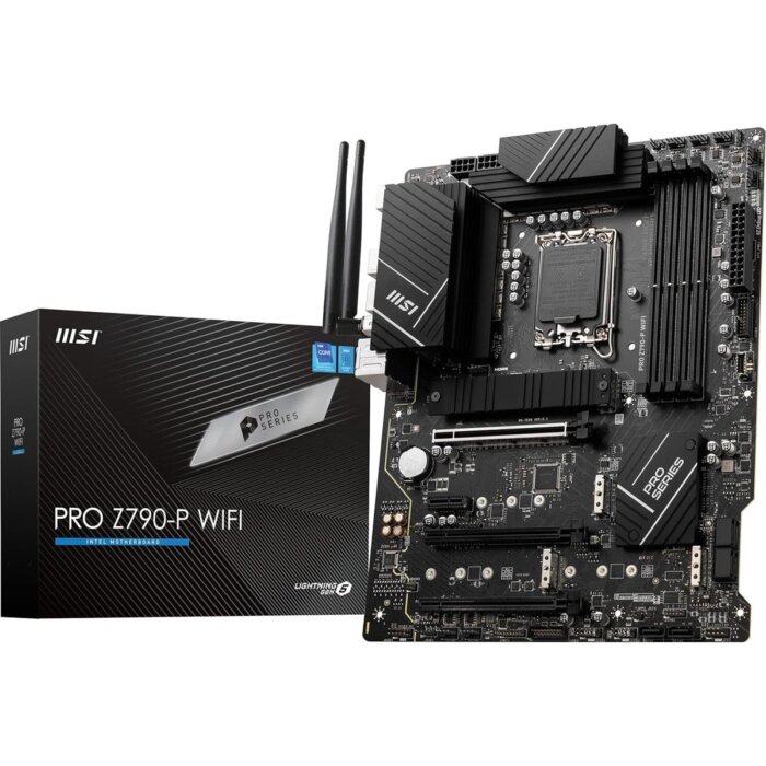 "MSI PRO Z790-P WiFi DDR5 ATX motherboard showcasing Intel LGA 1700 socket, DDR5 RAM slots, PCIe 5.0 slot, WiFi 6E antennas, and multiple M.2 and SATA storage options for high-performance PC builds."