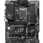 "MSI PRO Z790-P WiFi DDR5 ATX motherboard showcasing Intel LGA 1700 socket, DDR5 RAM slots, PCIe 5.0 slot, WiFi 6E antennas, and multiple M.2 and SATA storage options for high-performance PC builds."