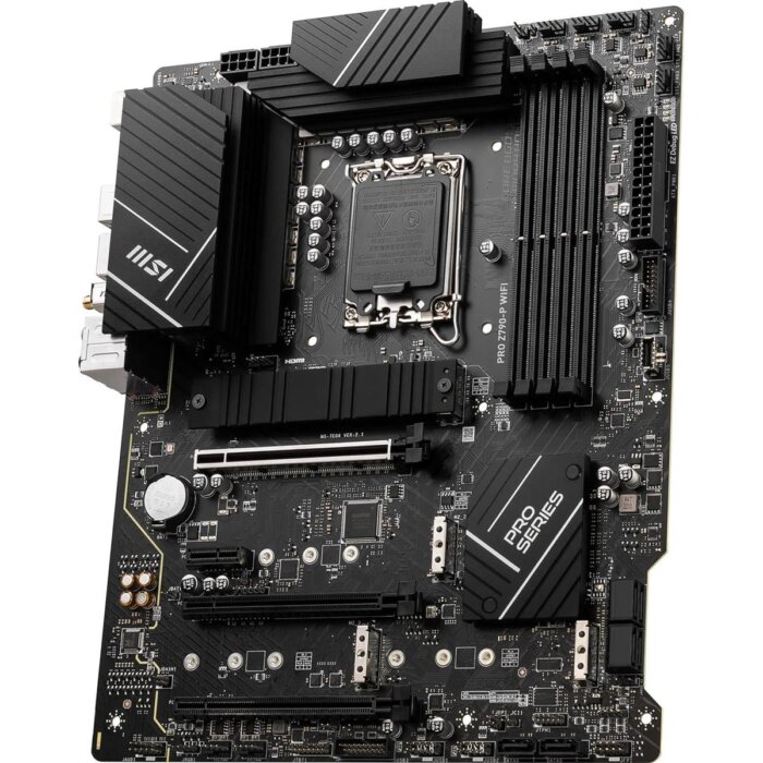 "MSI PRO Z790-P WiFi DDR5 ATX motherboard showcasing Intel LGA 1700 socket, DDR5 RAM slots, PCIe 5.0 slot, WiFi 6E antennas, and multiple M.2 and SATA storage options for high-performance PC builds."