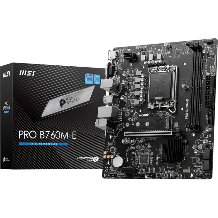 "MSI PRO B760M-E Intel LGA 1700 motherboard with DDR5 support, PCIe 4.0, and multiple connectivity options for high-performance gaming, workstations, and content creation."