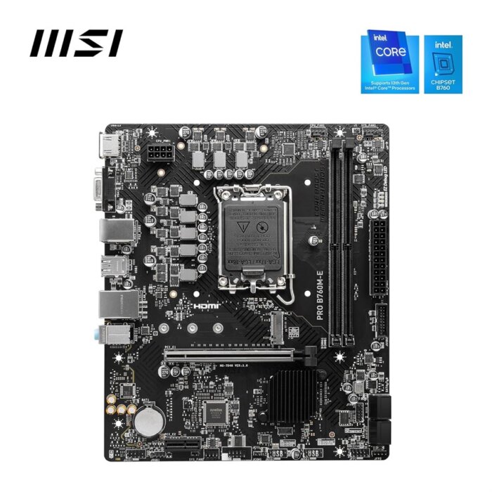 "MSI PRO B760M-E Intel LGA 1700 motherboard with DDR5 support, PCIe 4.0, and multiple connectivity options for high-performance gaming, workstations, and content creation."