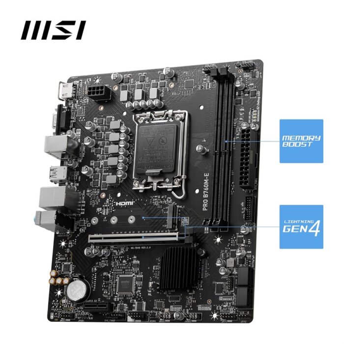 "MSI PRO B760M-E Intel LGA 1700 motherboard with DDR5 support, PCIe 4.0, and multiple connectivity options for high-performance gaming, workstations, and content creation."